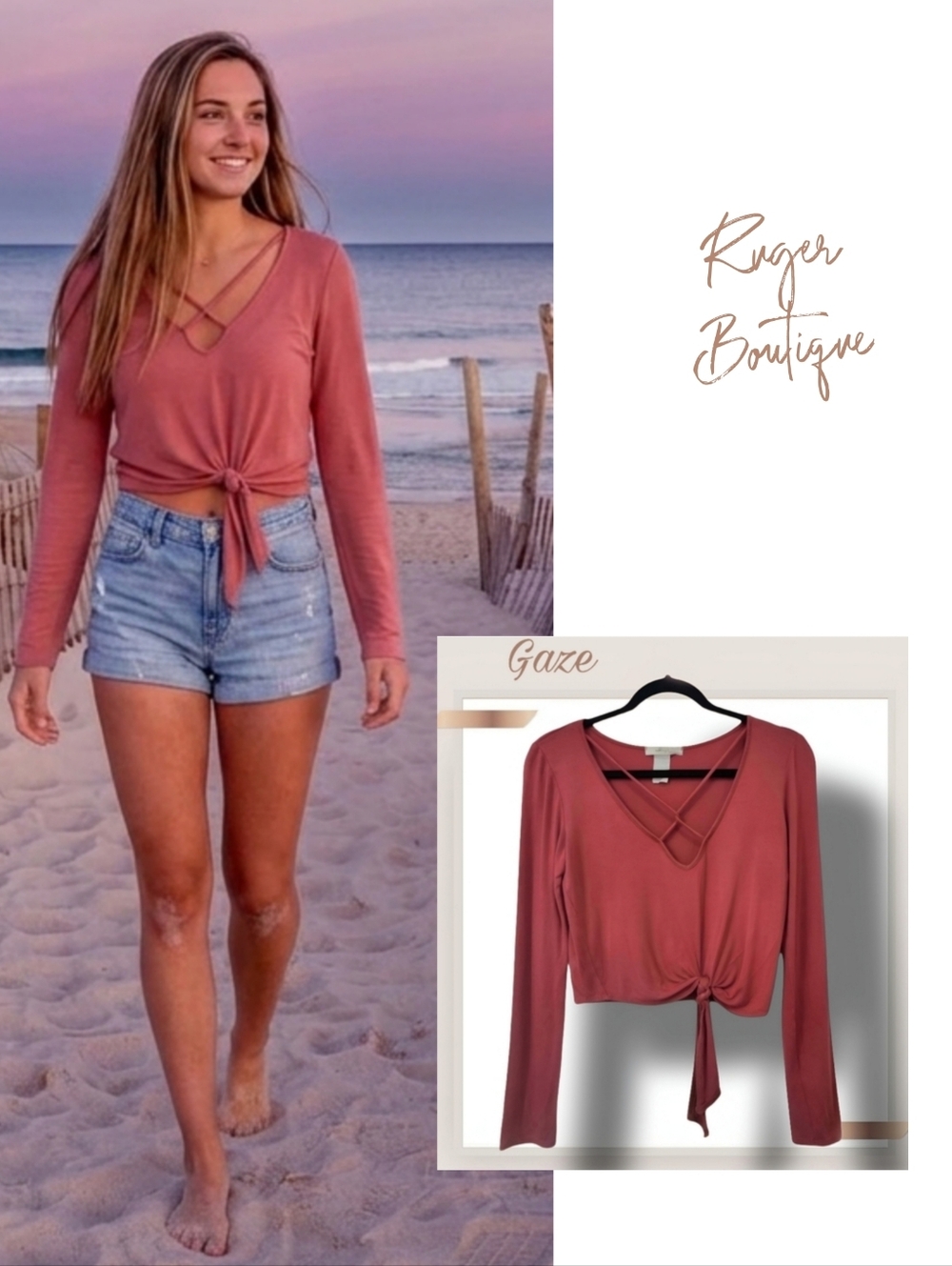 🌿Gaze Women's Small Deep Dusty Rose Crop Top with Crisscross Bodice
